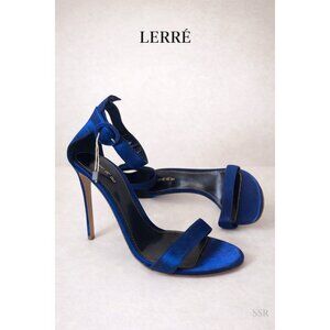 LERRE Blue Satin Ankle Strap Stiletto Sandals Size 38 / US 7 Made in Italy NWOB